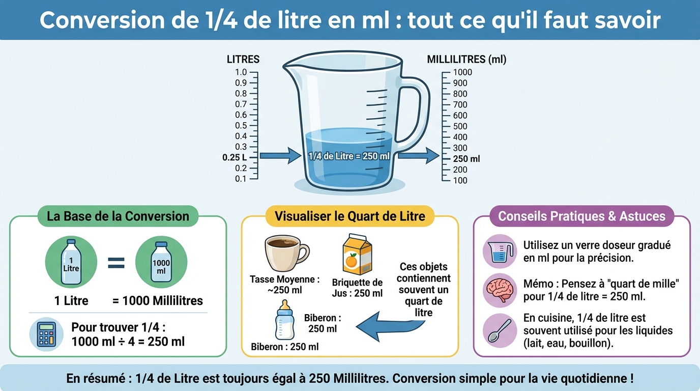 Comment convertir 1/4 de litre en ml